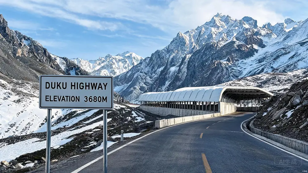 独库公路达坂上的雪山与防雪长廊
